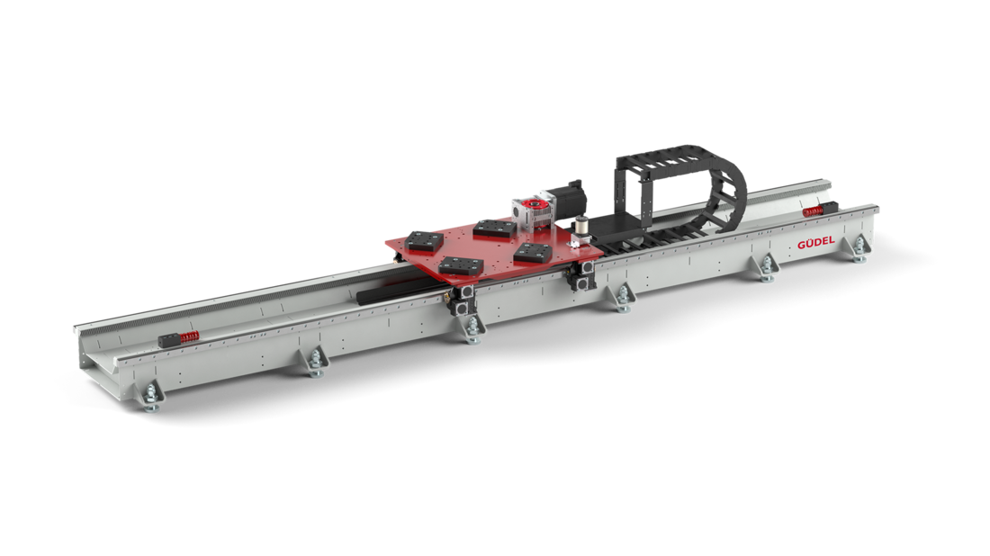 robot transfer units, linear traversing axis, roller guide system, high rigidity, high smoothness, optimal load distribution, robot rtu, robot slides, robot floor track,, linear robot rails, tool shuttle, rail mounted robot, robot on rail, robot riser, rack and pinion driven track, rail mounted robot | © Güdel Group AG
